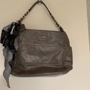 Gray patent Coach purse with partial chain handle and Coach scarf